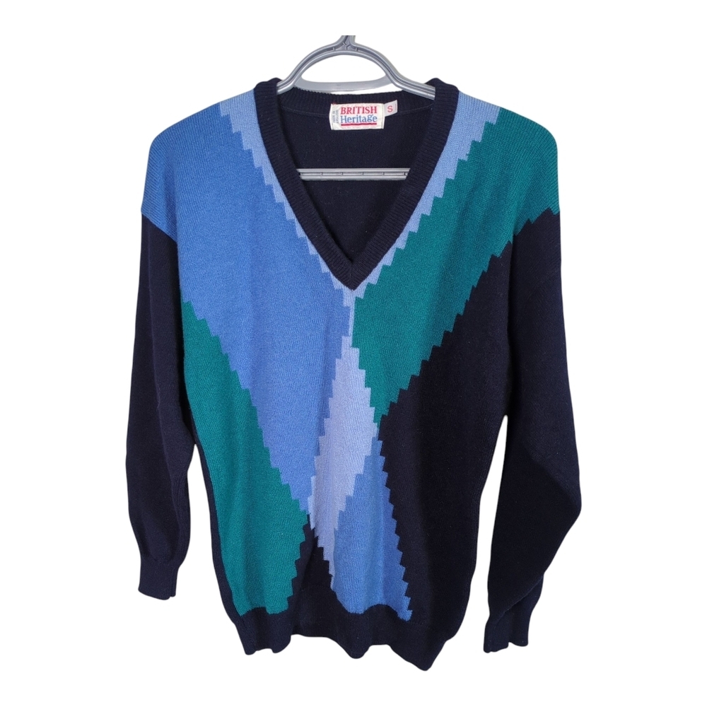 British Heritage Vintage Navy‎ Argyle 100% Wool V Neck Sweater Size Small